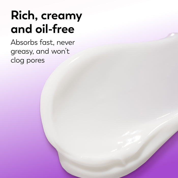White cream on a purple background with text describing its properties