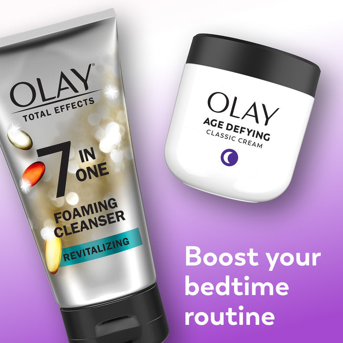 Olay Total Effects Foaming Cleanser and Age Defying Classic Cream on a purple background