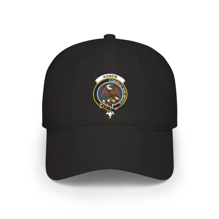 Black low-profile Agnew cotton cap with crest and motto
