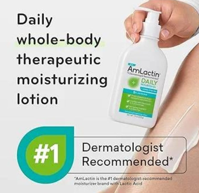 AmLactin daily moisturizing lotion being applied to a person's arm with text highlighting its benefits.