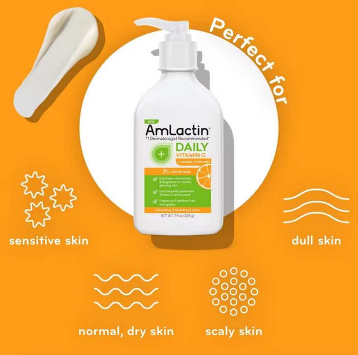 AmLactin skincare product on an orange background with text indicating skin types.