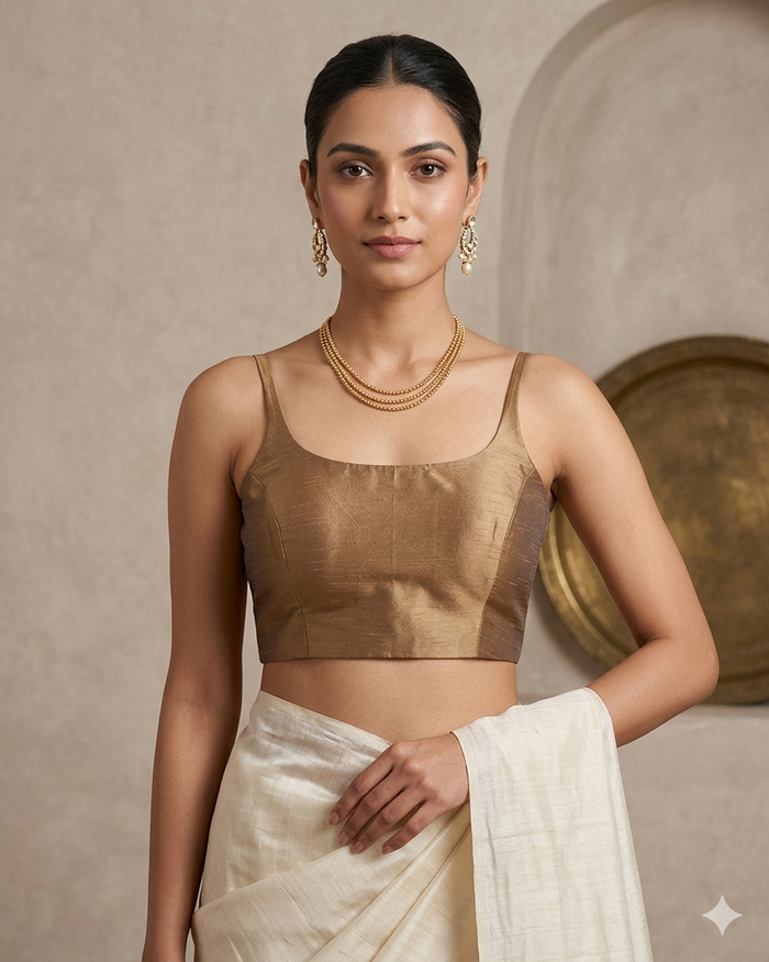 Antique Gold - Rich Banarasi Thin Strap Designer Saree blouse with cups, 38" - UK Stock - Quick Delivery - RNK - R651- H