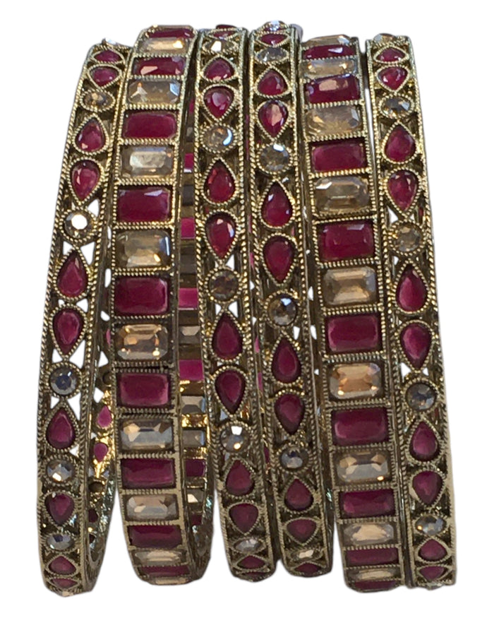Antique Gold Finish FUCHSIA / MAGENTA  Reverse Stone Bangles (Set of 6) - Mix N Match - SR219R