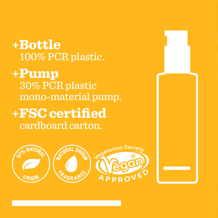 A yellow graphic with a white outline of an Anytime Daily Cleansing Face Concentrate bottle. Text highlights: 100% PCR plastic bottle, 30% PCR mono-material pump, FSC certified carton, plus icons for Vegan Approved, Natural Origin Ingredients, and Fruit AHAs.