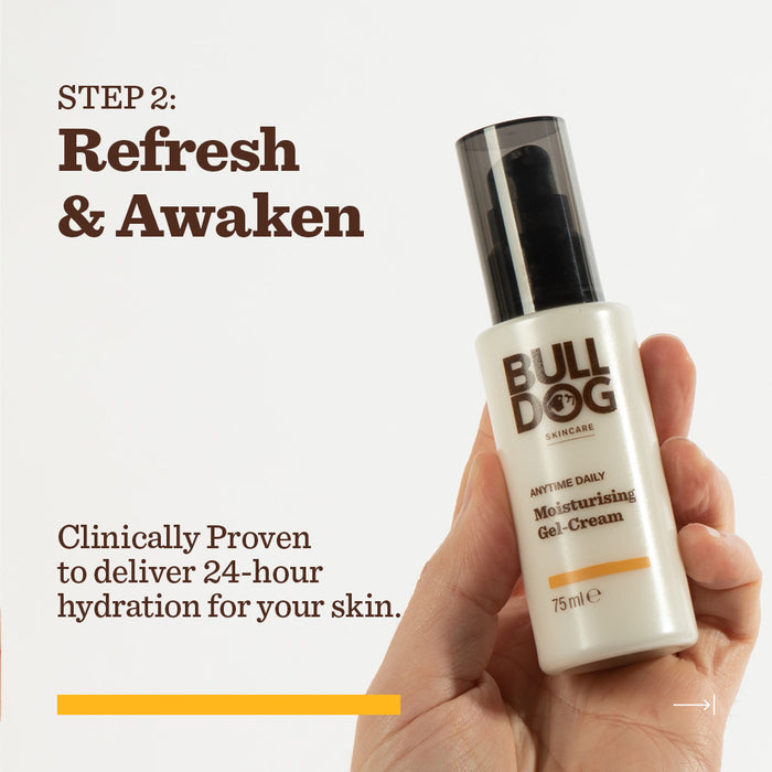 A hand holds a bottle from the Anytime Daily Collection Bundle. Text reads: “Step 2: Refresh & Awaken. Made with natural origin ingredients and clinically proven to hydrate for 24 hours.”.