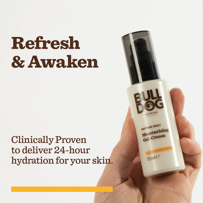 A hand holds a bottle of Anytime Daily Moisturising Gel Cream. Text: Refresh & Awaken. Clinically proven to give 24-hour hydration with natural origin ingredients.