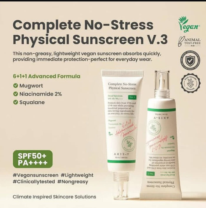 Axisy Complete No-Stress Physical Sunscreen V.3 with product packaging and features on a white background