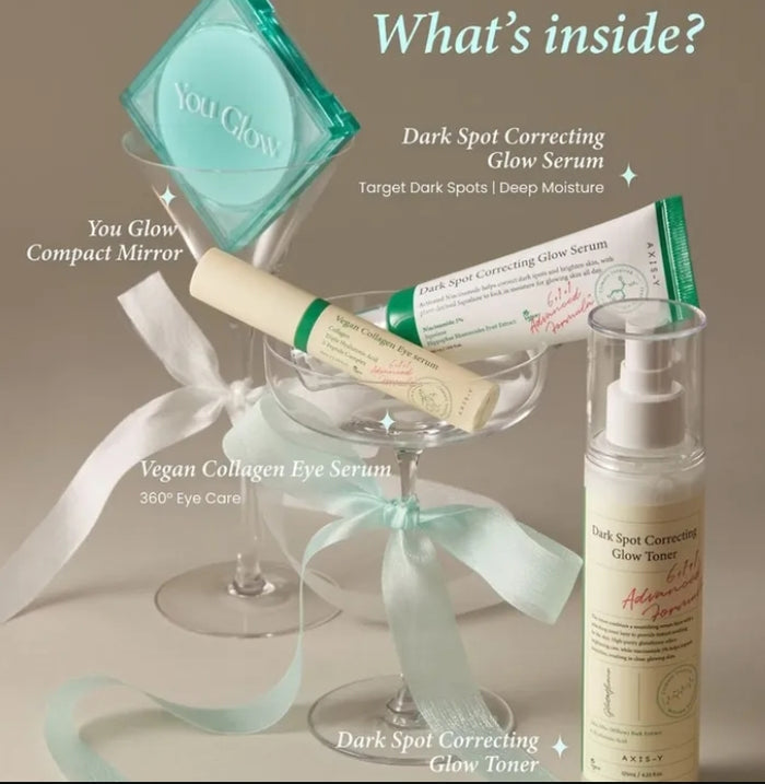 Cosmetic products including a compact mirror, serum, and toner with text on a beige background.