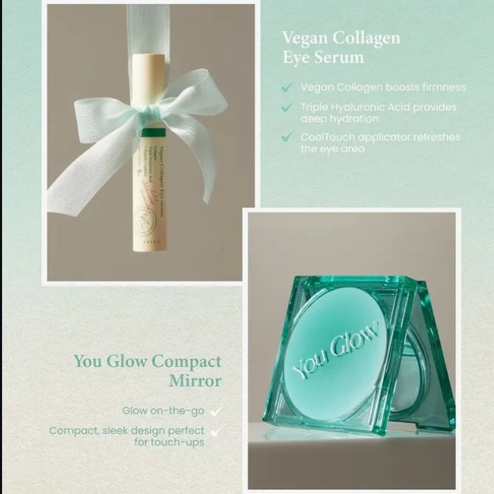 Vegan Collagen Eye Serum and You Glow Compact Mirror with product details on a light green background