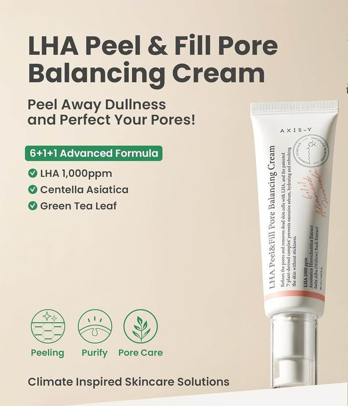 AXIS-Y LHA Peel & Fill Pore Balancing Cream tube on a beige background with product details.
