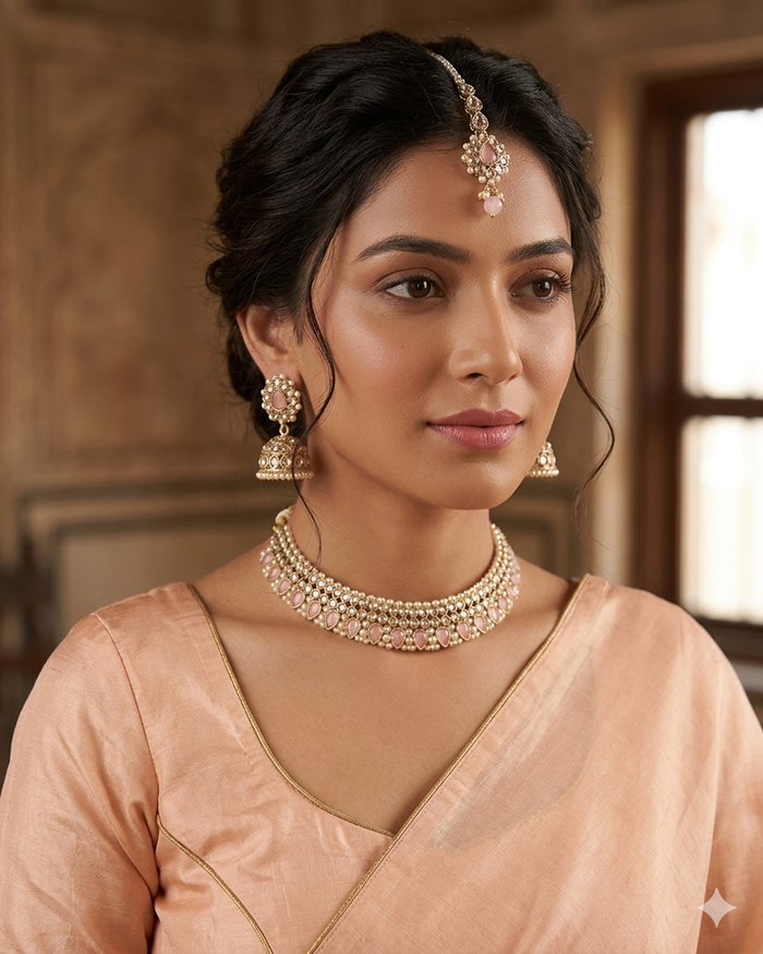 Baby Pink - Medium Size Antique Gold Finish Necklace Set with Earrings & Head Piece - 6NS449 04H26