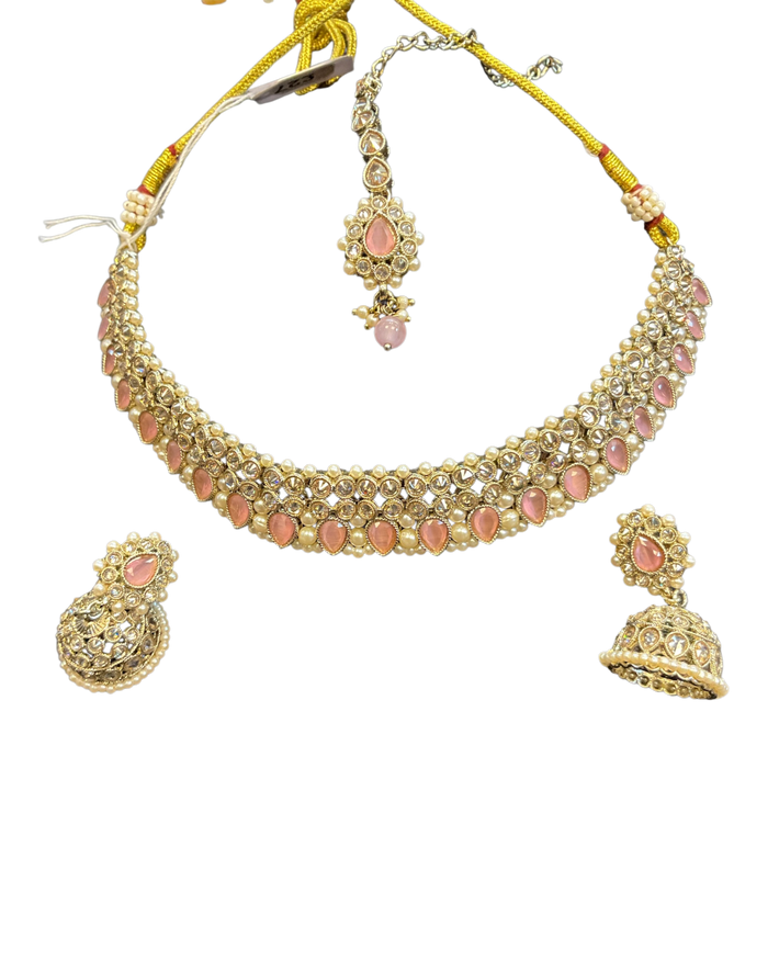Baby Pink - Medium Size Antique Gold Finish Necklace Set with Earrings & Head Piece - 6NS449 04H26