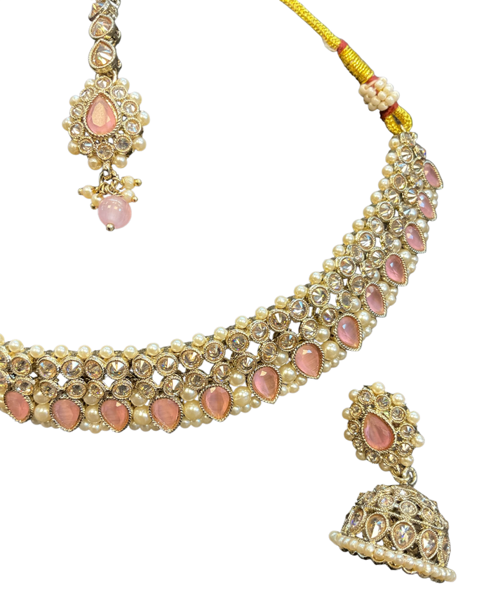 Baby Pink - Medium Size Antique Gold Finish Necklace Set with Earrings & Head Piece - 6NS449 04H26