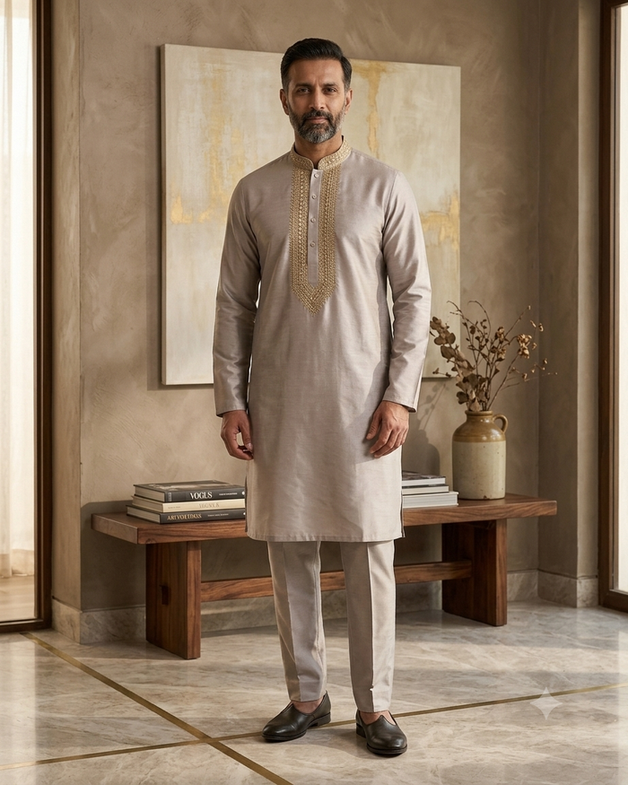 Baby Pink - Pastel - Soft Cotton Silky Mens Kurta Set with Neck Thread Embroidery- Sangeet Mehendi Haldi - KCS1019 06KC26