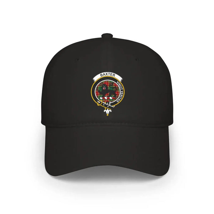 Baxter clan crest tartan-background cotton cap in khaki, front view