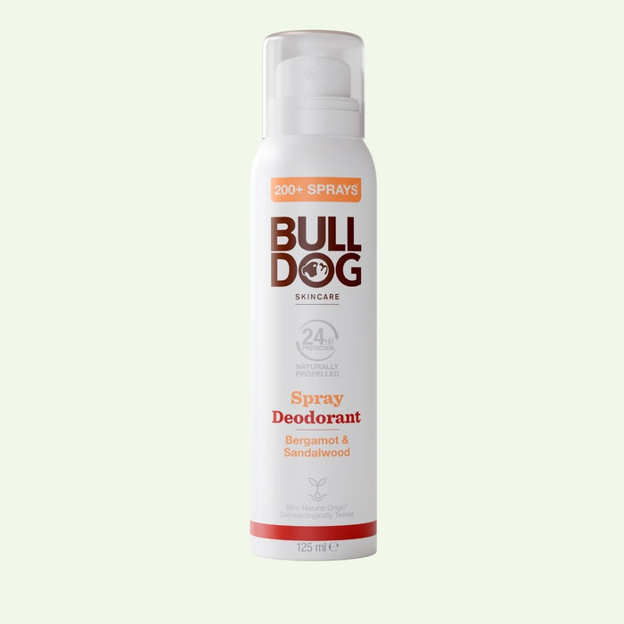 A 125 ml can of Bergamot & Sandalwood Spray Deodorant offers 200+ sprays, is vegan, features natural ingredients, and provides 24-hour protection.