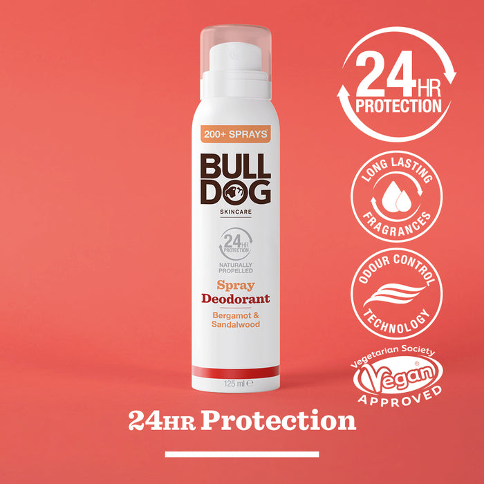 A can of Bergamot & Sandalwood Spray Deodorant stands against a red background. This vegan deodorant provides 24-hour protection, odour control, a long-lasting fragrance, and contains natural ingredients.