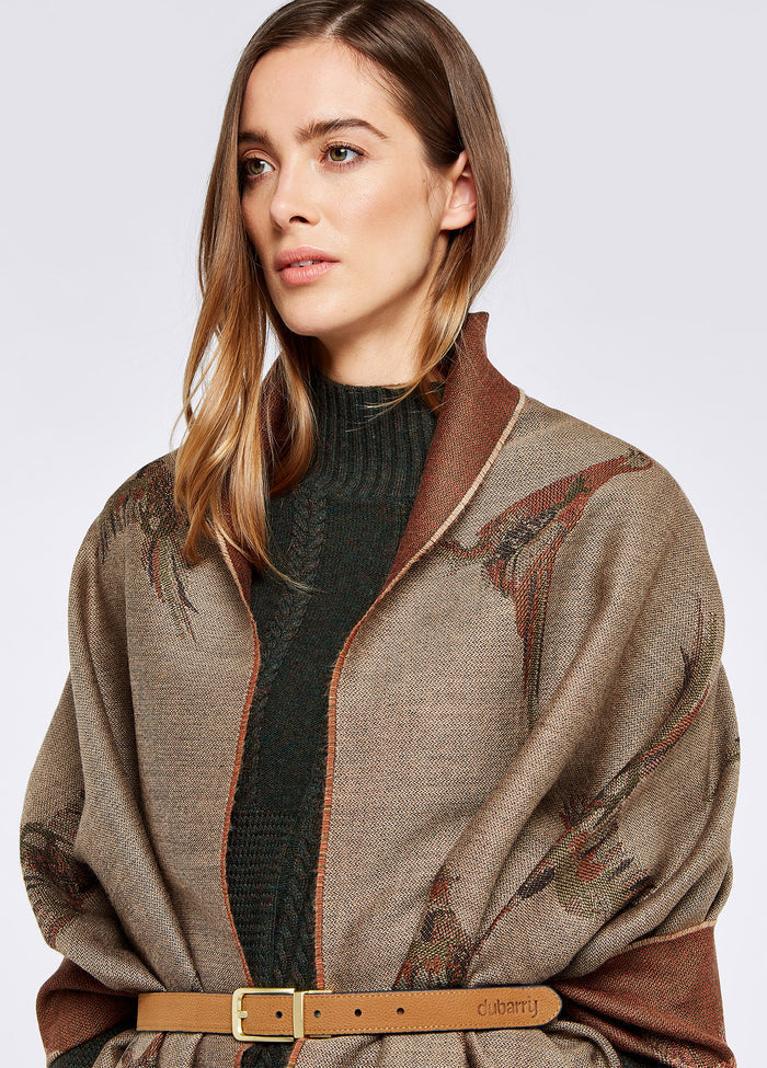A close up view of the Dubarry women's Birchdale Tweed Taupe Stole.