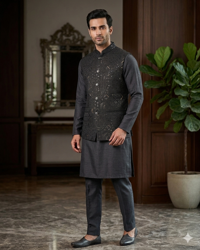 Black - Rich All Over Embroidered - Mens Indian Waistcoat - UK Stock - 24 hr Dispatch - KCS4088 06VV26