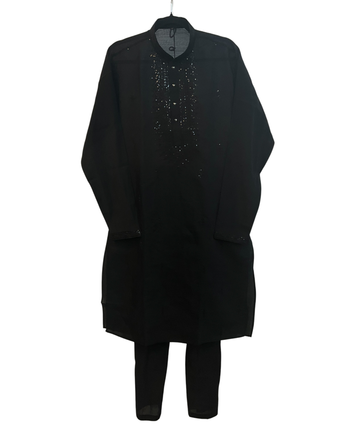 Black - Soft Cotton Infused Mens Kurta Set with Rich Sequins Embroidery - Sangeet Mehendi Haldi - KCS3001 06KH26