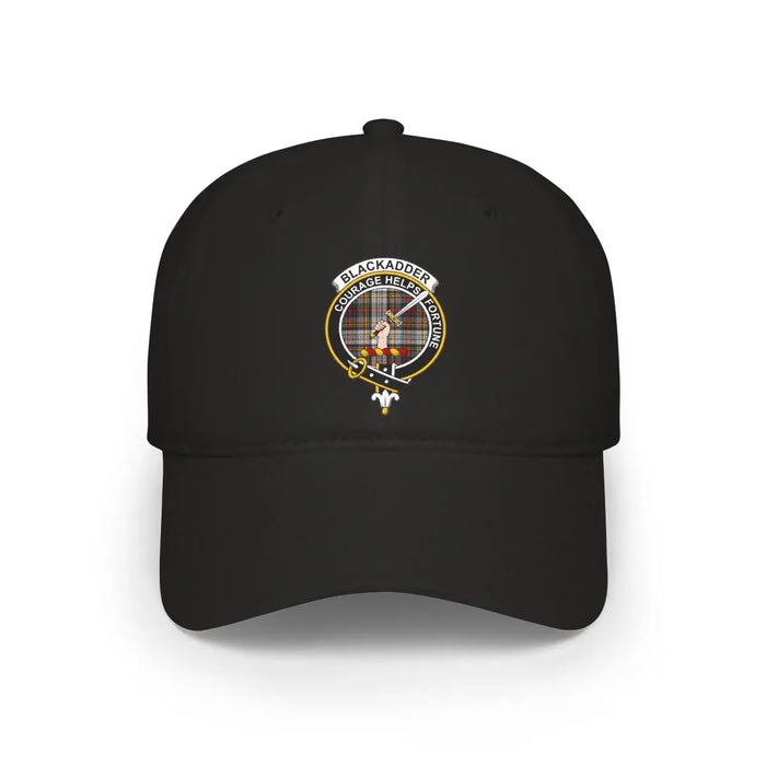 Blackadder clan crest tartan-background cotton cap in khaki, front view