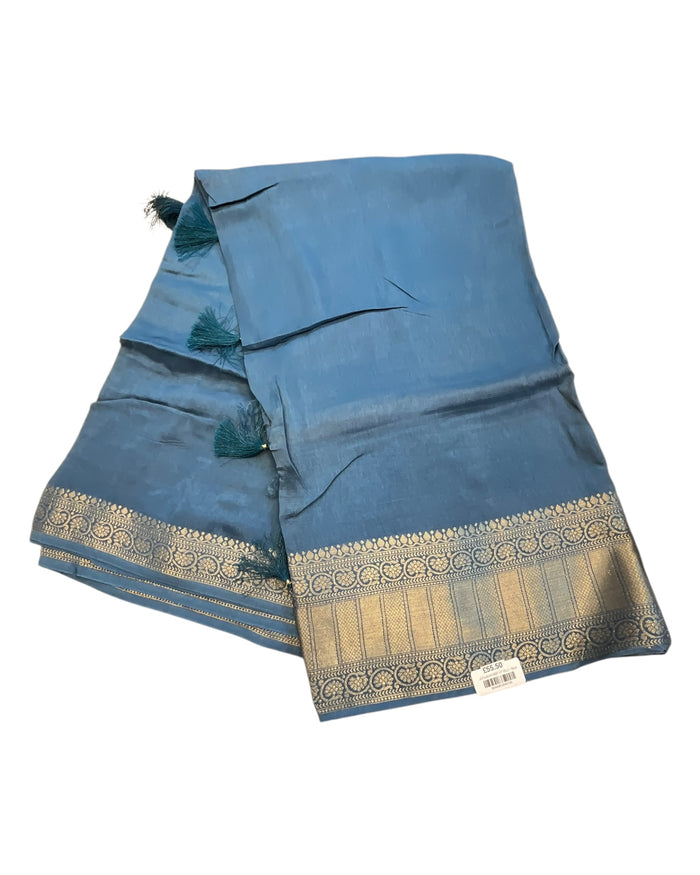 Blue - Handloom -  Banarasi Crepe Saree with Blouse Piece - JOHJAN47006 10VY25