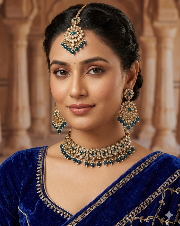Blue - Large Size Antique Gold Finish Necklace Set with Earrings & Head Piece - JIG111 04Cp26