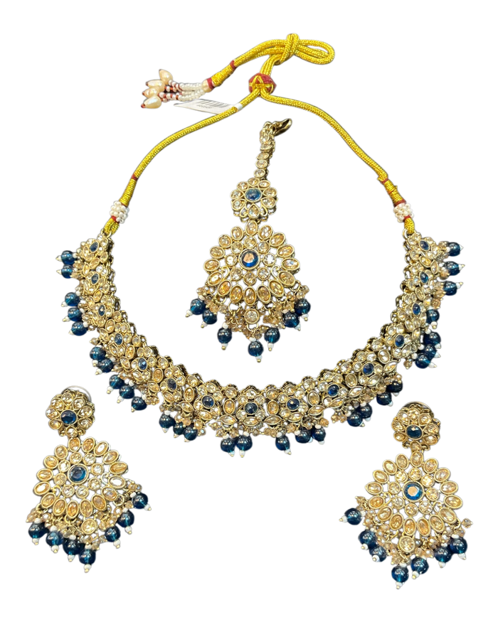 Blue - Large Size Antique Gold Finish Necklace Set with Earrings & Head Piece - JIG111 04Cp26