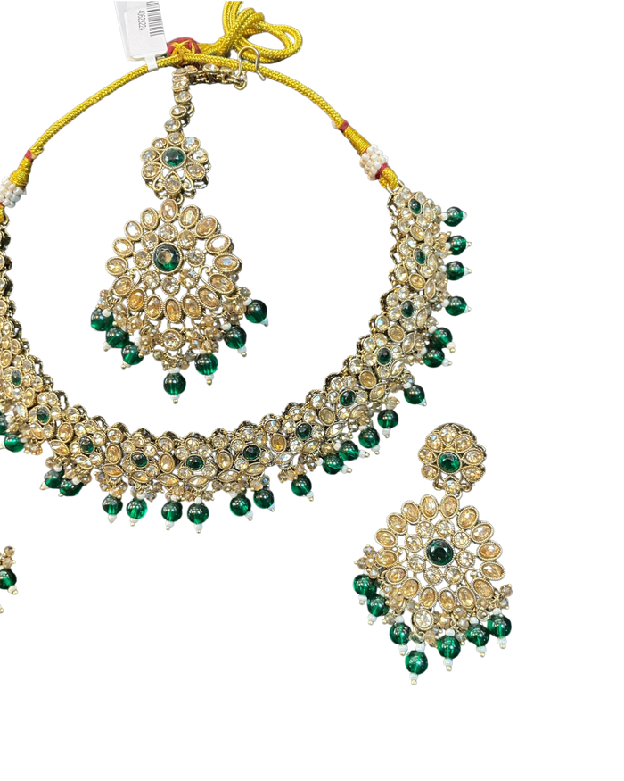 Blue - Large Size Antique Gold Finish Necklace Set with Earrings & Head Piece - JIG111 04Cp26