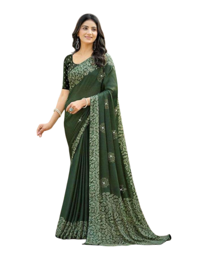 Bottle Green - Chiffon Printed Saree with Blouse Piece - UK stock - 24hr Dispatch - LTF102 07KT26
