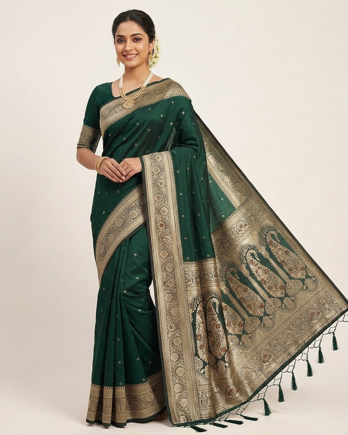 Bottle Green - Traditional Handloom Saree with Blouse Piece - UK stock - 24hr Dispatch - SP2630 KP