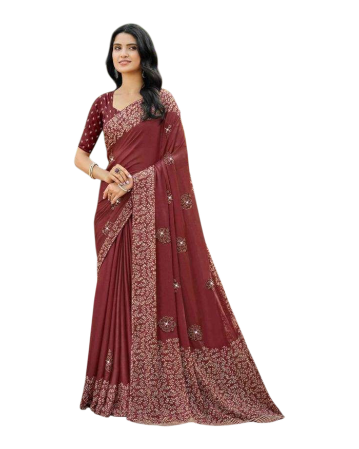 Brick Red / Rust - Chiffon Printed Saree with Blouse Piece - UK stock - 24hr Dispatch - LTF101 07KT26