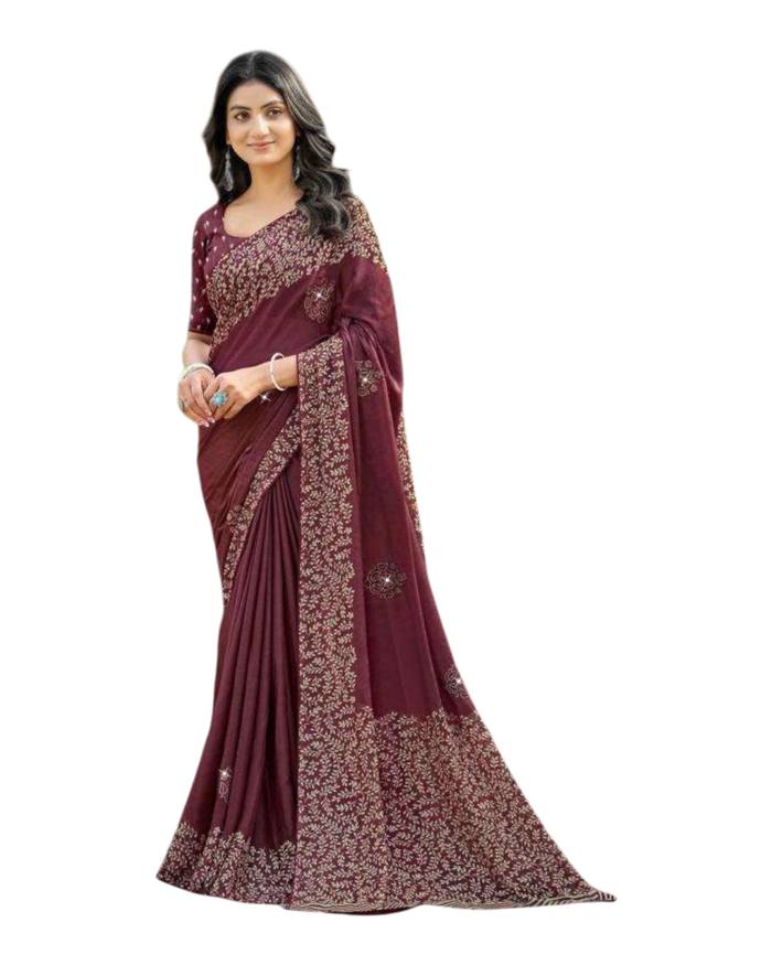 Brown - Chiffon Printed Saree with Blouse Piece - UK stock - 24hr Dispatch - LTF107 07KT26