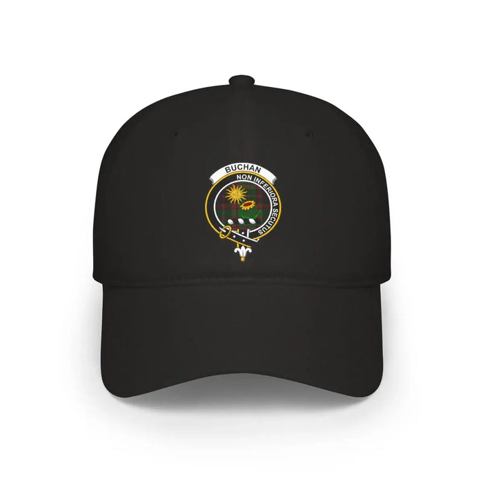 Buchan cap with family-name crest on a tartan-background design