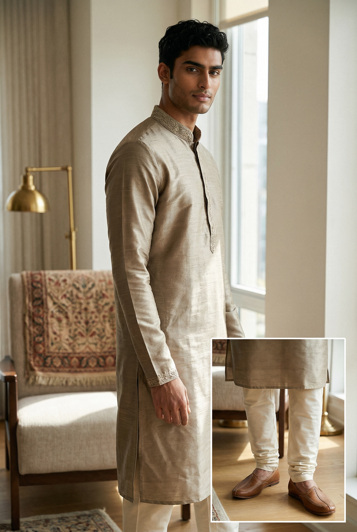 Champagne - Silky -  Mens Indian Kurta set - Weddings / Walimas , Sangeet, Eid, Mehndi / Henna - NAD2511 01KJ25