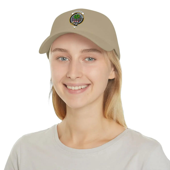 Front panel detail of the Anderson crest on a khaki structured cap