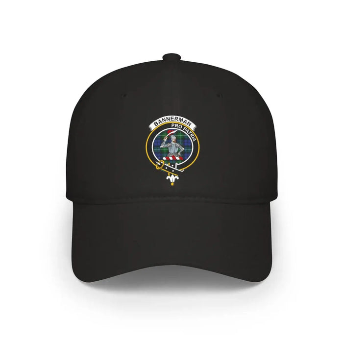 Clan Bannerman pro patria crest printed cap in black — low-profile cotton Scottish clan hat