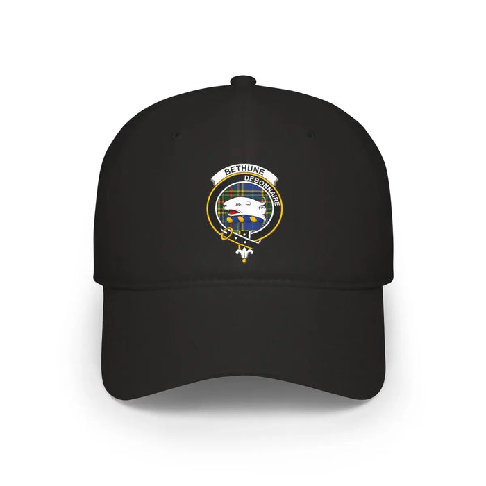Clan Bethune Debonnaire crest printed cap in black — low-profile cotton Scottish clan hat
