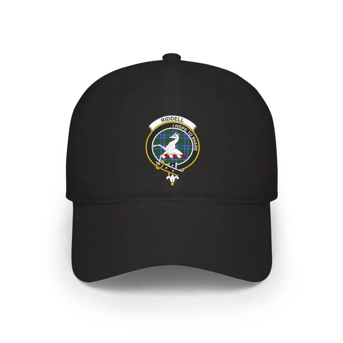 Clan Riddell crest tartan cap in black — printed I Hope to Share greyhound emblem, low-profile cotton hat