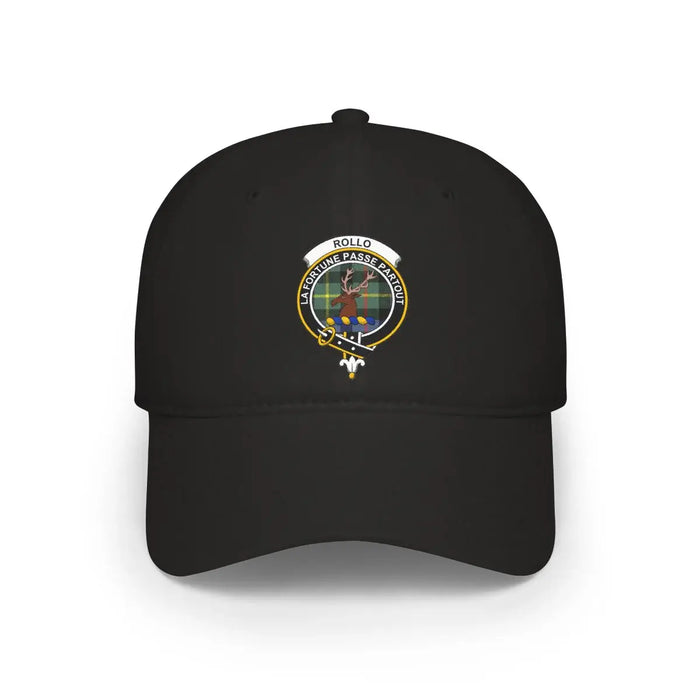 Clan Rollo crest tartan cap in black — printed La Fortune Passe Partout stag emblem, low-profile cotton hat
