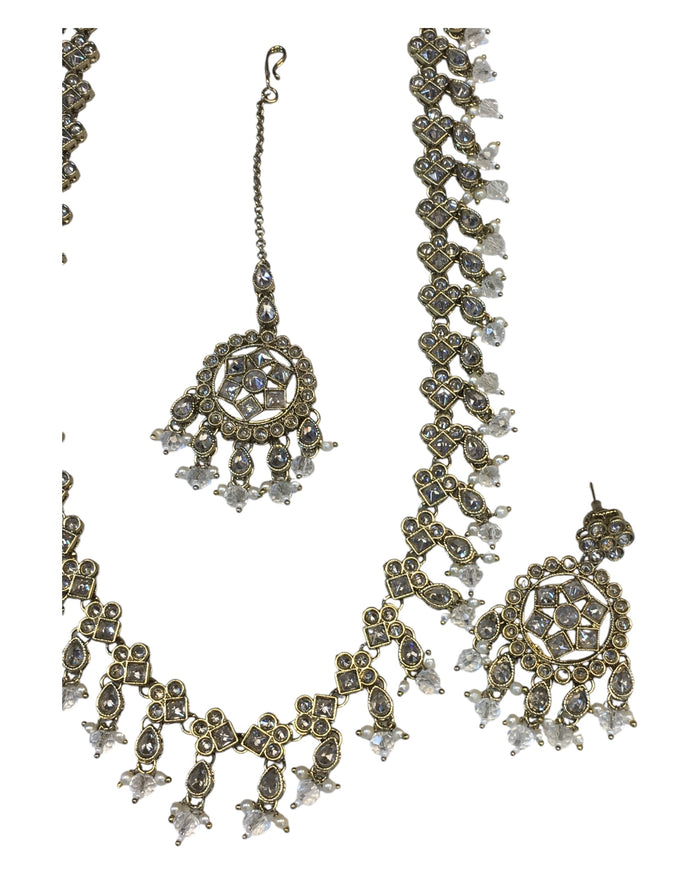 Clear - Large Size Antique Gold Finish Long Necklace Set with Earrings - RZ13  11KT24