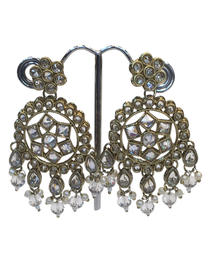 Clear - Large Size Antique Gold Finish Long Necklace Set with Earrings - RZ13  11KT24