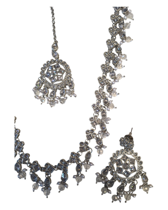 Clear - Large Size Silver Finish Long Necklace Set with Earrings - RZ13  11KT24