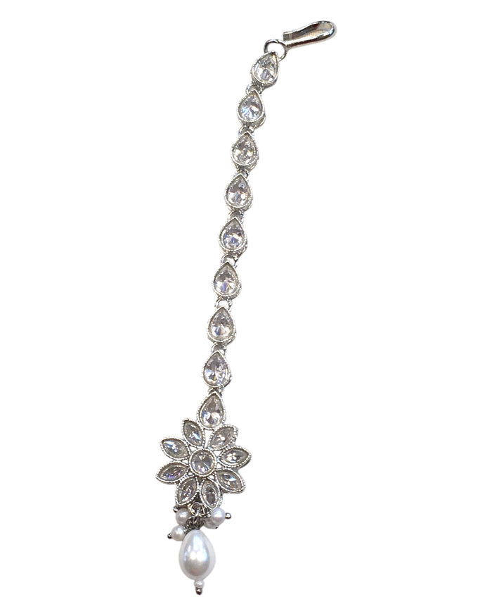 Clear / White - Silver Finish Medium Size Tika Head Piece - Indian Ladies Fashion Jewellery - AE2437 11Vp24