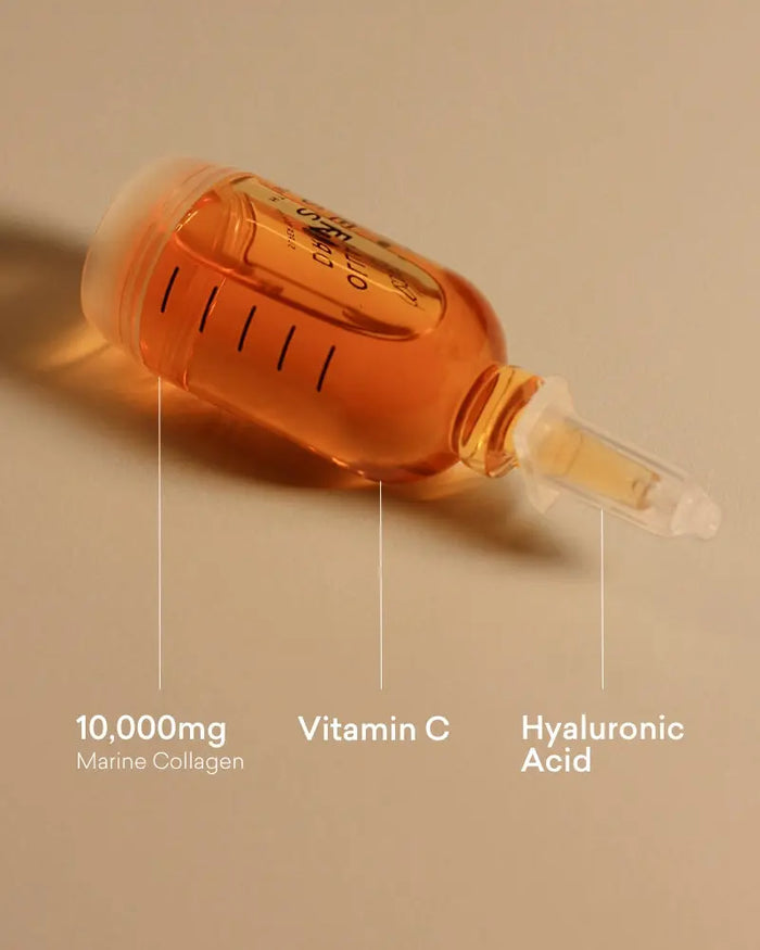 Vial of skincare serum with labeled ingredients on a beige background