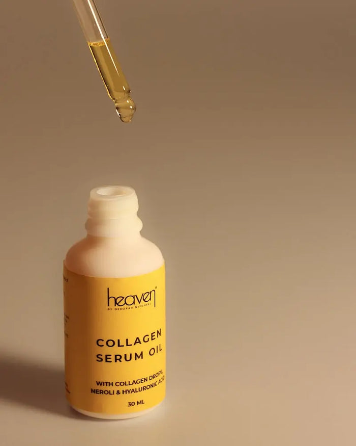 Collagen serum oil bottle with dropper on a beige background