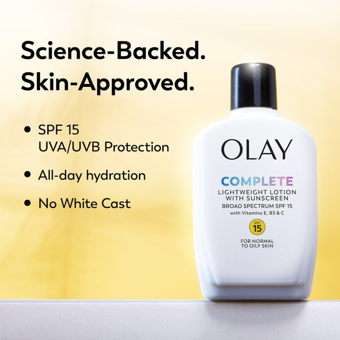 Complete Lotion Moisturizer Normal SPF 15 4oz. Science backed. Skin Approved. SPF 15 UVA/UVB protection. All-day hydration. No white cast