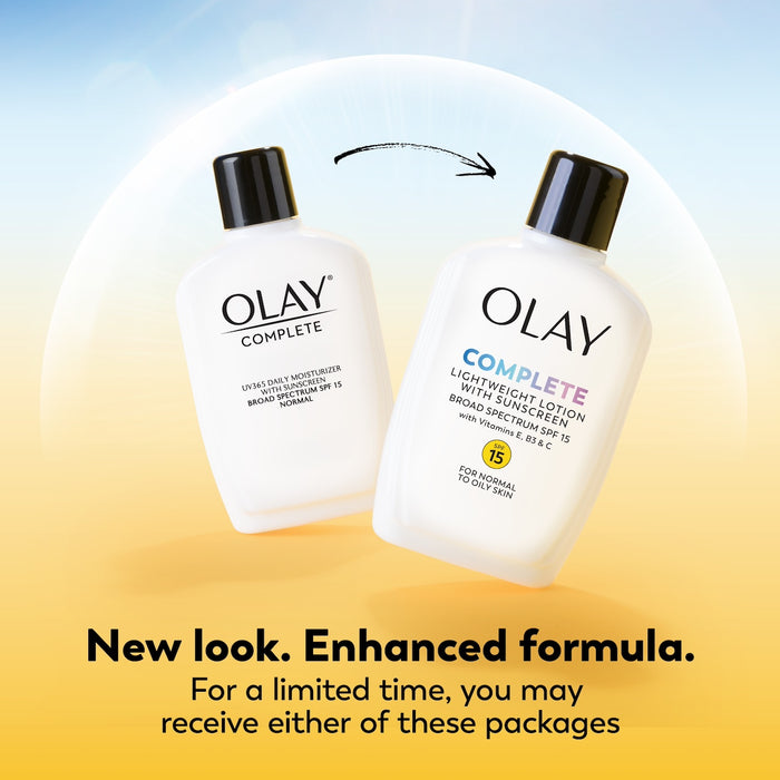 Olay Complete Lotion Moisturizer with SPF 15 Normal old design and new. New look enhanced formula. For a limited time you may receive either of these packages.