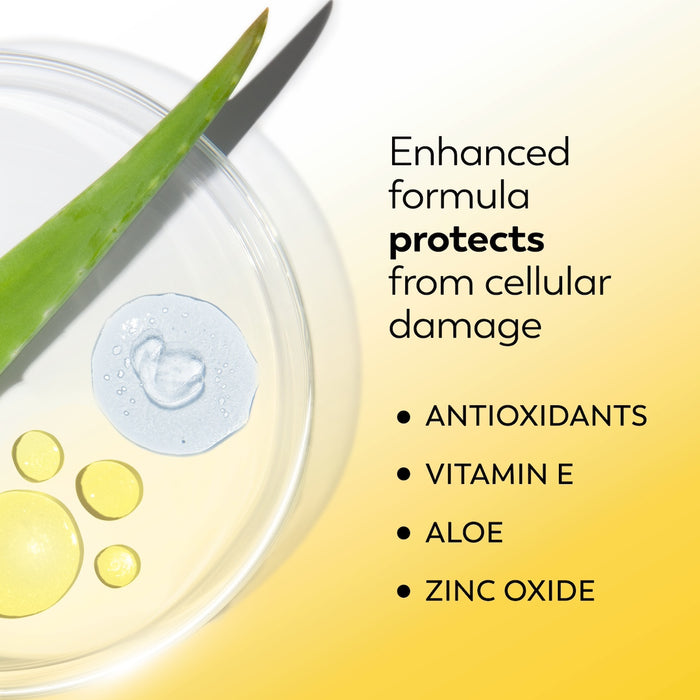 Ingredients with Aloe leaf. Enhanced formula protects from cellular damage. Antioxidants, vitamin e, aloe, zinc oxide