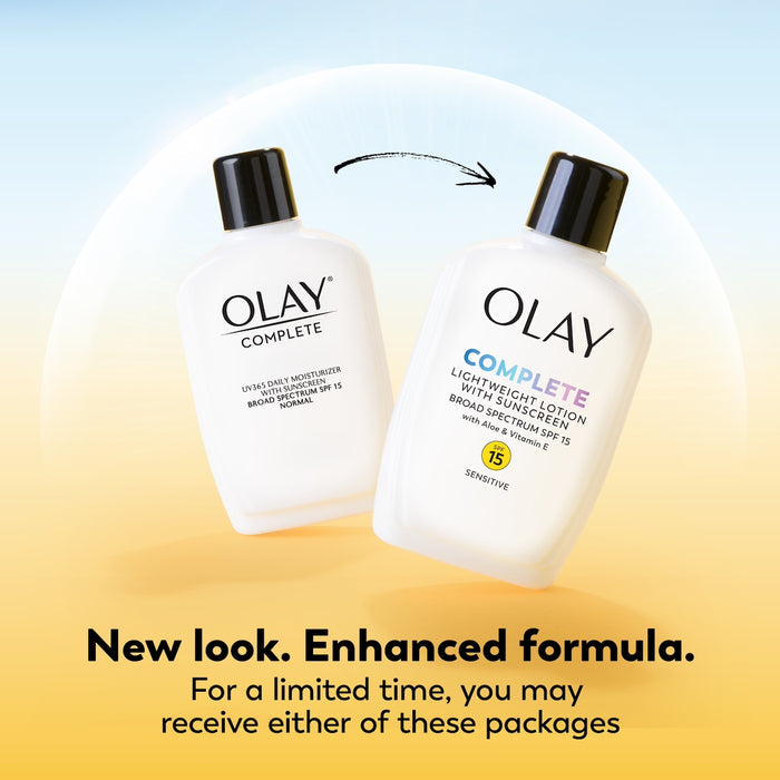 Olay Complete Lotion Moisturizer with SPF 15 Sensitive bottle old design and new. New look enhanced formula. For a limited time you may receive either of these packages.